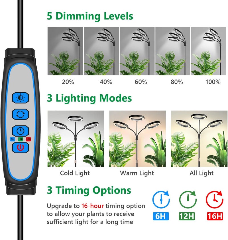 Aumtrly Grow Lights for Indoor Plants, 3 Head Full Spectrum Plant Light with 68" Adjustable Stand for Growing Large Tall Plants, Black Halo Floor LED Grow Lamp with 16 Hour Timer - Image 2